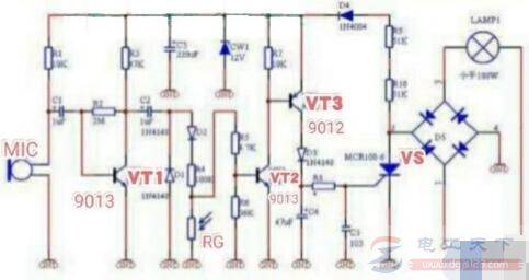 一例分立元件声光控延时灯座的电路图
